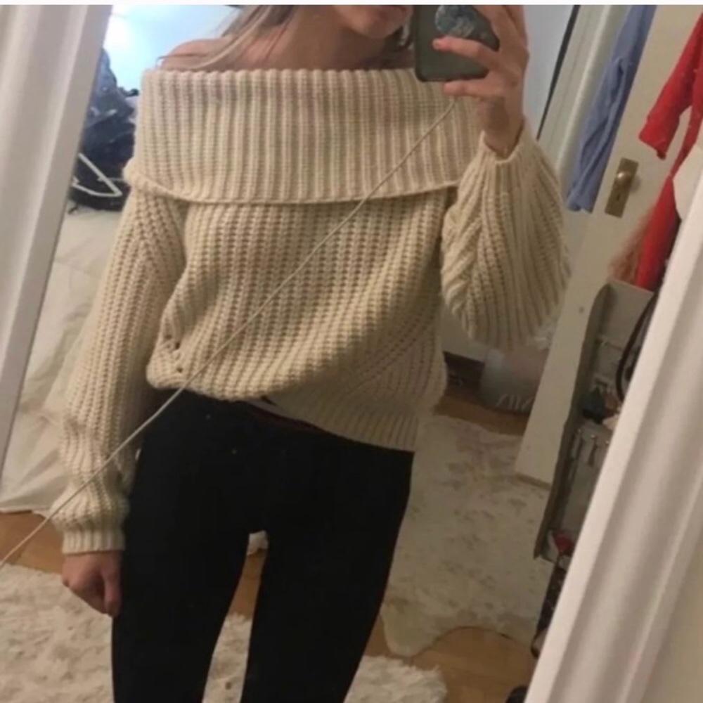 LF Cream Off the Shoulder Knit Sweater